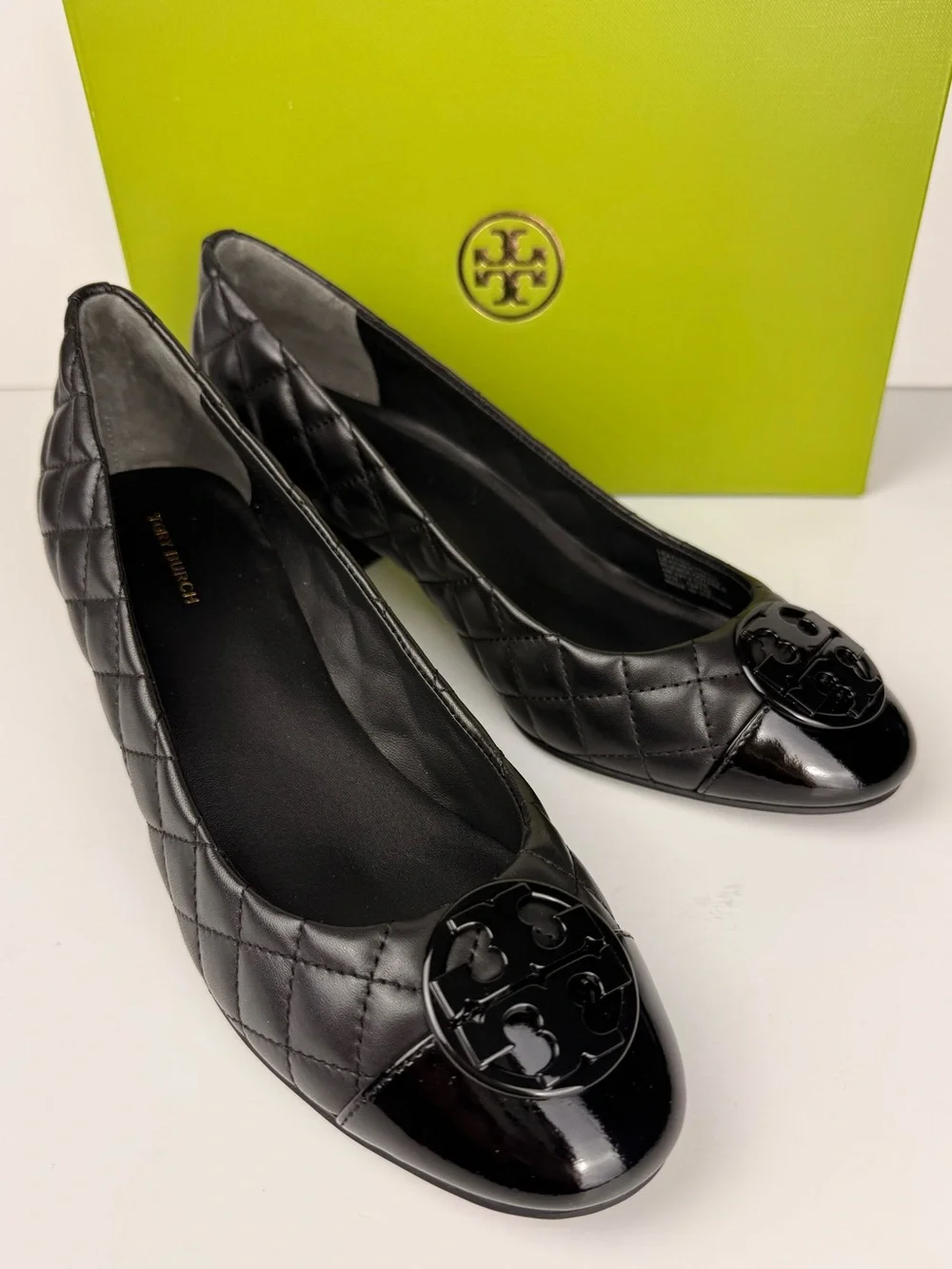 Tory Burch Chelsea 50mm Quilted Pumps Black Leather Patent Cap Toe Block Heels